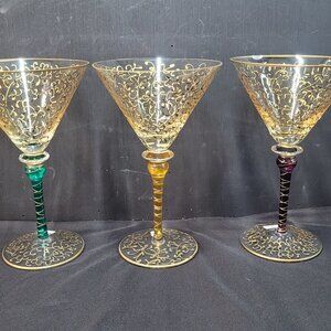 Lot of 3 PIER 1 RIOJA MARTINI GLASSES GOLD SCROLLS 20 Oz MULTICOLOR